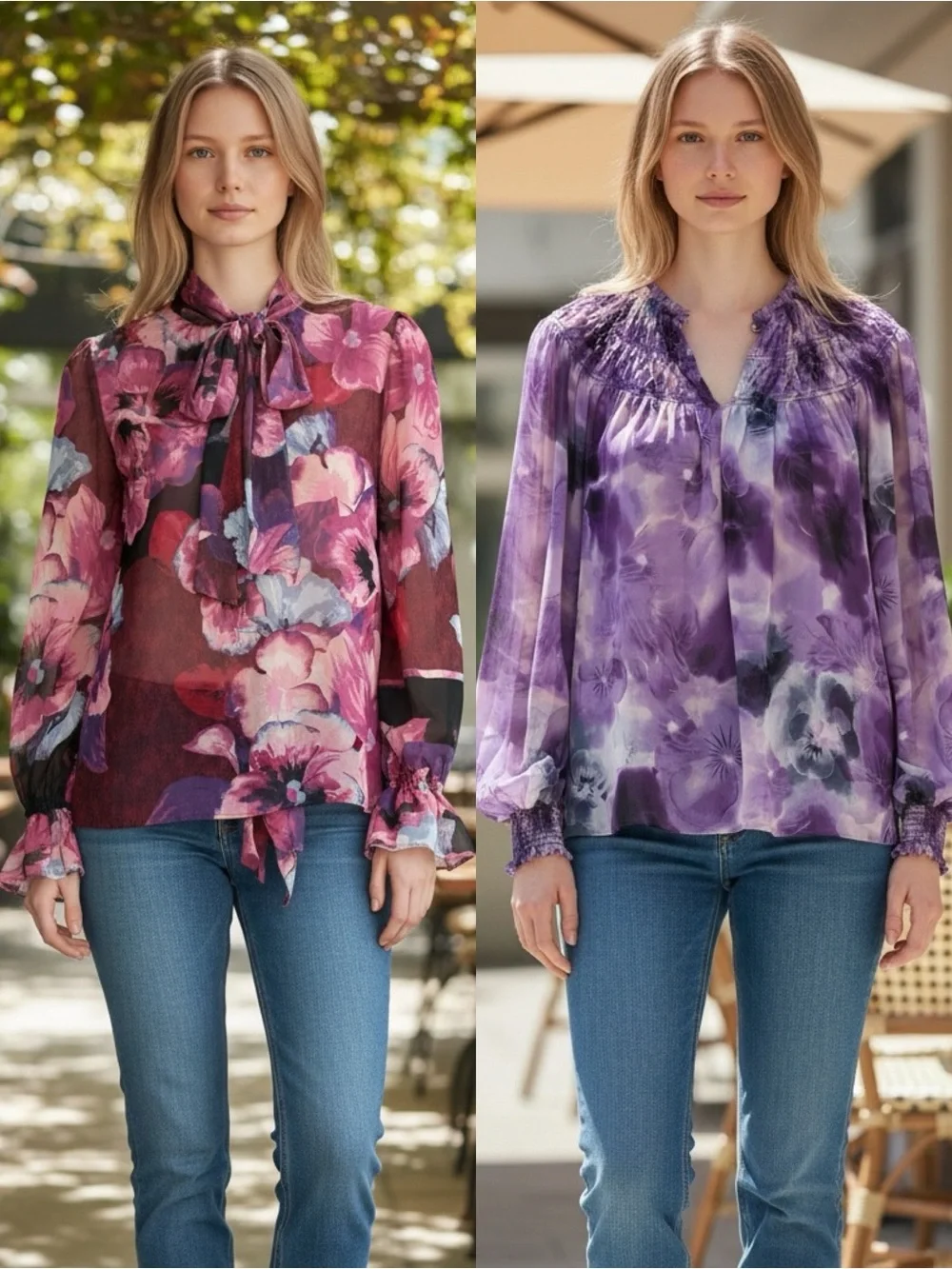 WHITE HOUSE BLACK MARKET Purple Floral Long Sleeve Smocked Blouse XS